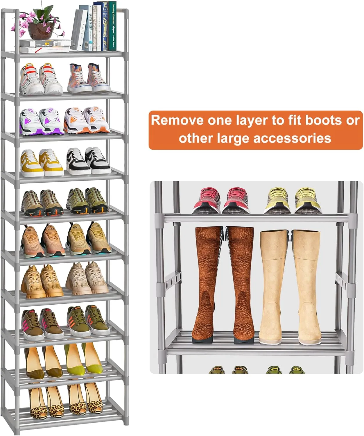 10-Tier Metal Shoe Rack, Narrow Shoe Rack Organizer, Sturdy Shoe Shelf for Closets, Entryway, Bedroom, Garage - Silver