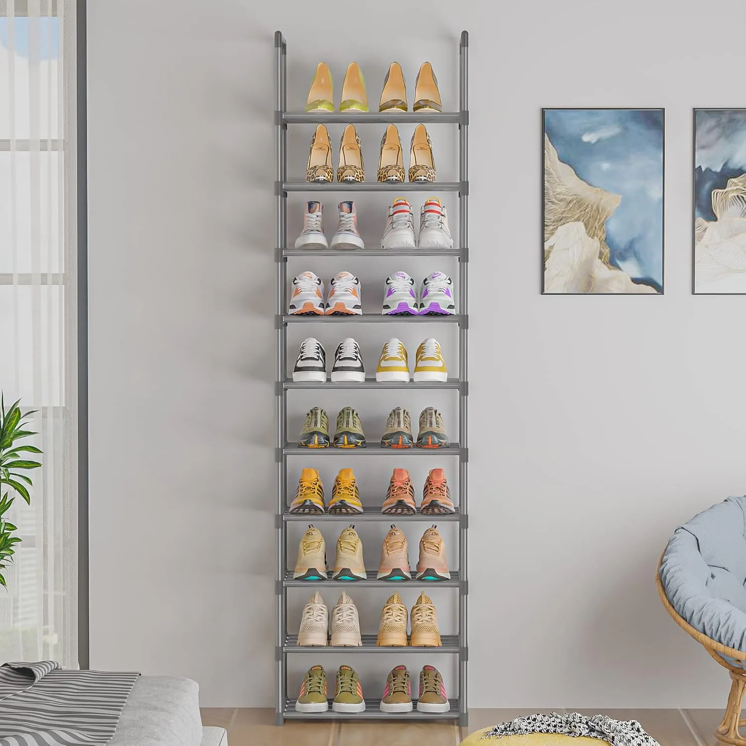 10-Tier Metal Shoe Rack, Narrow Shoe Rack Organizer, Sturdy Shoe Shelf for Closets, Entryway, Bedroom, Garage - Silver