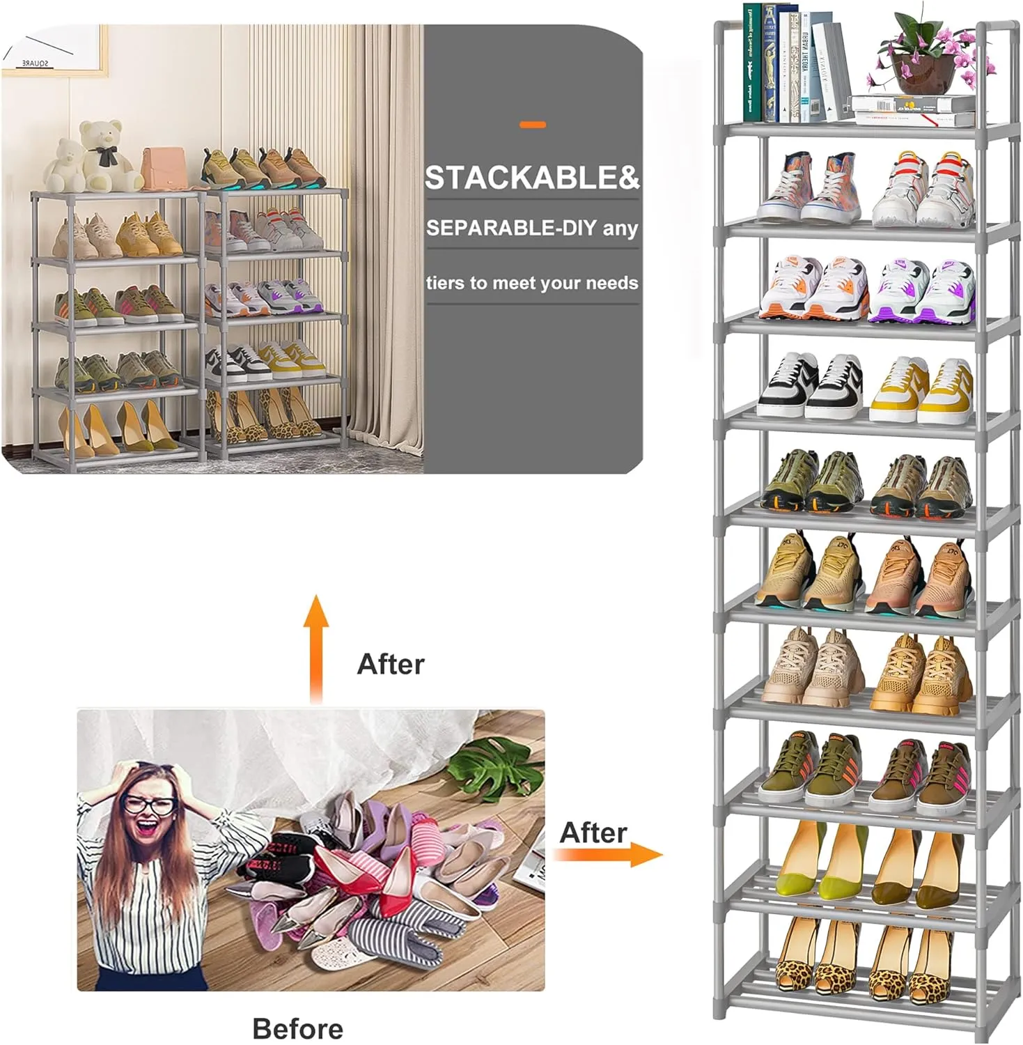 10-Tier Metal Shoe Rack, Narrow Shoe Rack Organizer, Sturdy Shoe Shelf for Closets, Entryway, Bedroom, Garage - Silver