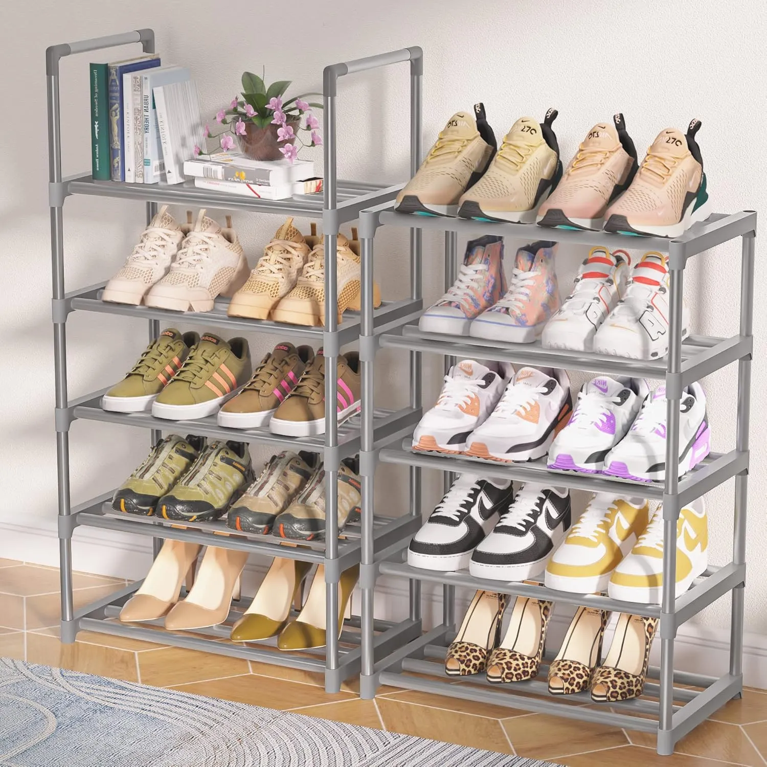 10-Tier Metal Shoe Rack, Narrow Shoe Rack Organizer, Sturdy Shoe Shelf for Closets, Entryway, Bedroom, Garage - Silver