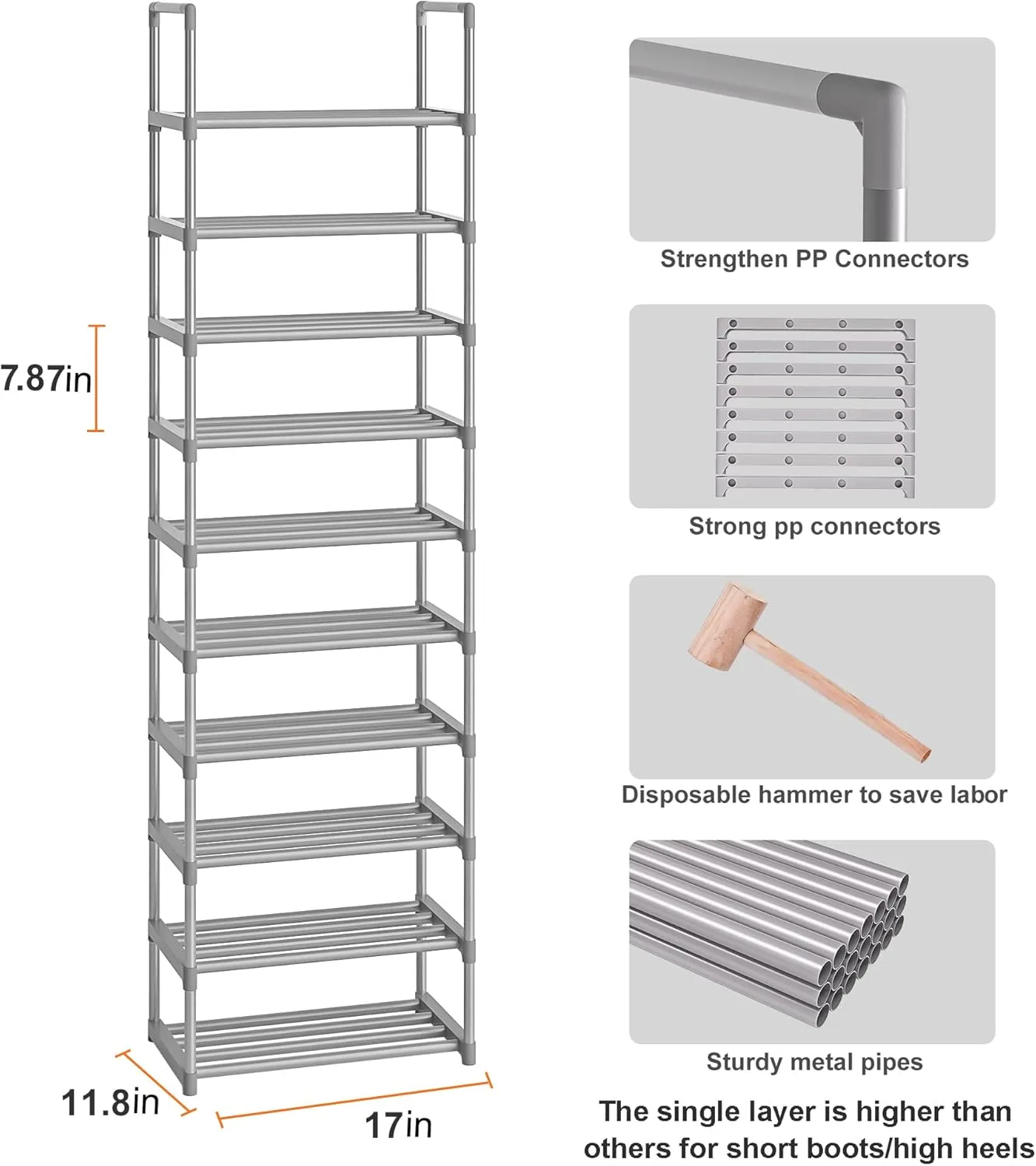 10-Tier Metal Shoe Rack, Narrow Shoe Rack Organizer, Sturdy Shoe Shelf for Closets, Entryway, Bedroom, Garage - Silver