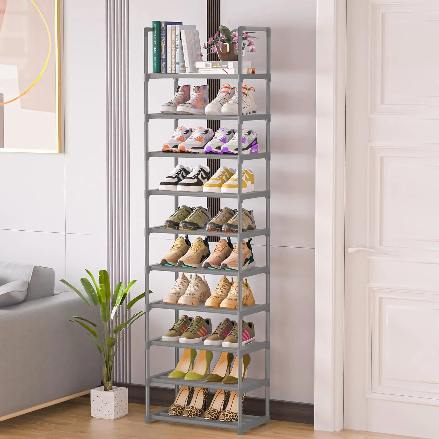10-Tier Metal Shoe Rack, Narrow Shoe Rack Organizer, Sturdy Shoe Shelf for Closets, Entryway, Bedroom, Garage - Silver