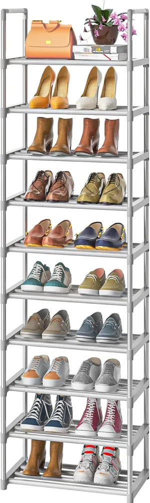 10-Tier Metal Shoe Rack, Narrow Shoe Rack Organizer, Sturdy Shoe Shelf for Closets, Entryway, Bedroom, Garage - Silver