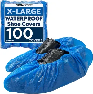 100 Pack Extra Large Disposable Blue Boot and Shoe Covers - Indoor Reusable Waterproof Shoe Covers Disposable - Booties with Non Slip Treads - Fits US Men's Size 14 and Women's 16 Size