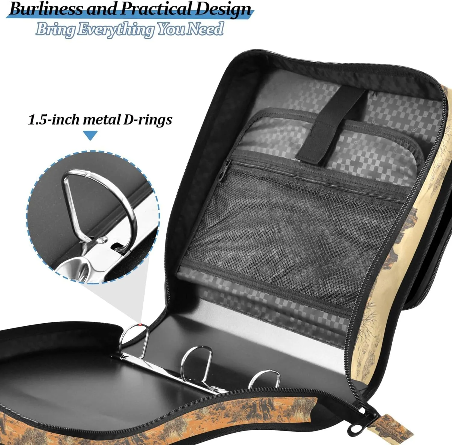 1.5-Inch 3-Rings Sturdy Zipper Binder with Shoulder Strap & Handle Easy to Carry Document Organizer Bag for School and Office Western Cowboy Boots Cow Vast Wilderness