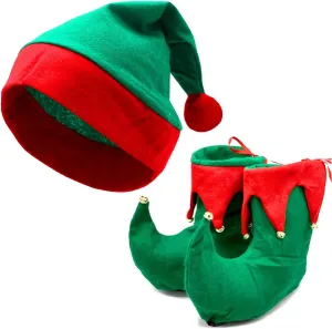 Adults Christmas Elf Shoes with Hat Set, Xmas Fancy Dress Santa’s Little Helper Elves Covers Red Green Boots Hat Accessories