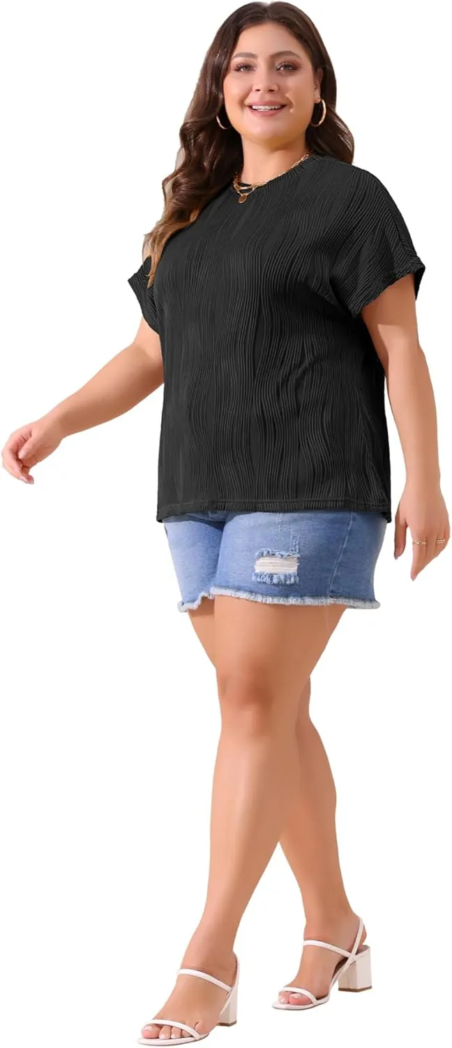 Agnes Orinda Plus Size Women's Short Sleeve Textured Tops Crewneck Solid Loose Casual Basic t Shirts Blouses Tee