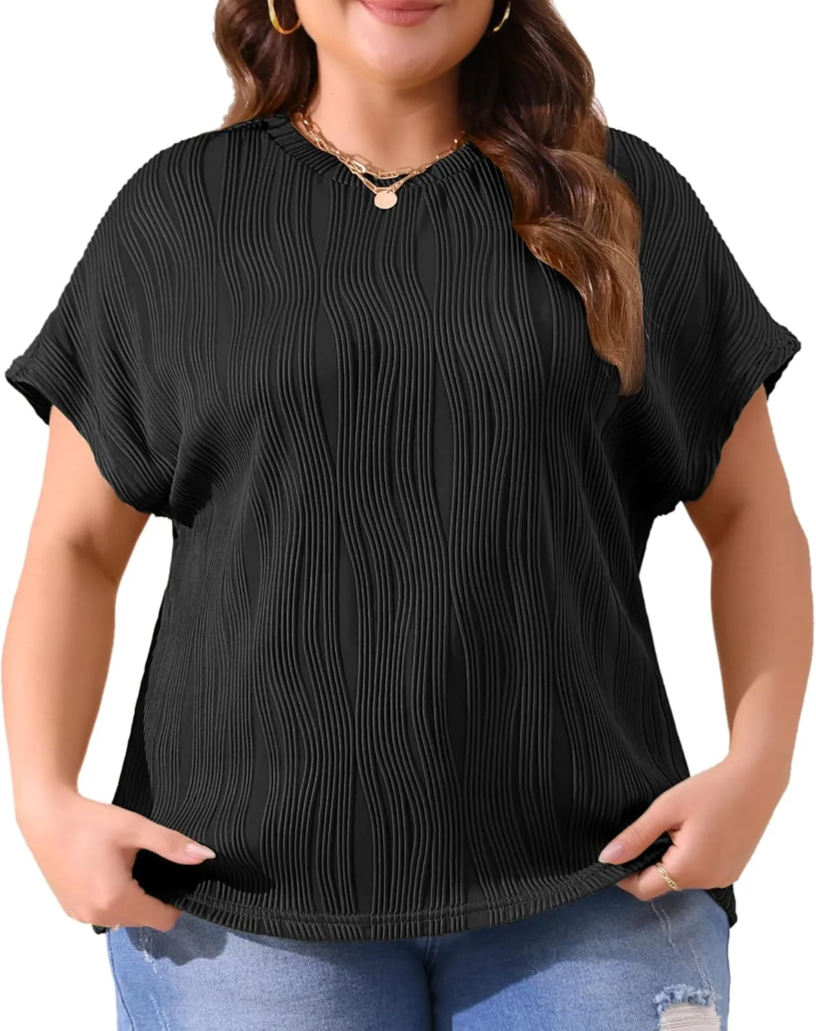 Agnes Orinda Plus Size Women's Short Sleeve Textured Tops Crewneck Solid Loose Casual Basic t Shirts Blouses Tee