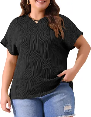Agnes Orinda Plus Size Women's Short Sleeve Textured Tops Crewneck Solid Loose Casual Basic t Shirts Blouses Tee