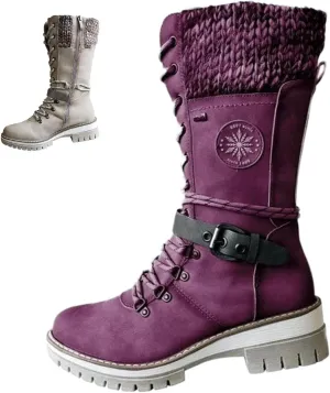 AngryMonkey Women's Winter Warm Mid-Calf Snow Boots,Knitted Suede Splicing Lace-up Non-Slip Waterproof Outdoor Casual Booties