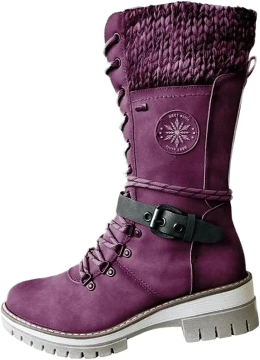 AngryMonkey Women's Winter Warm Mid-Calf Snow Boots,Knitted Suede Splicing Lace-up Non-Slip Waterproof Outdoor Casual Booties