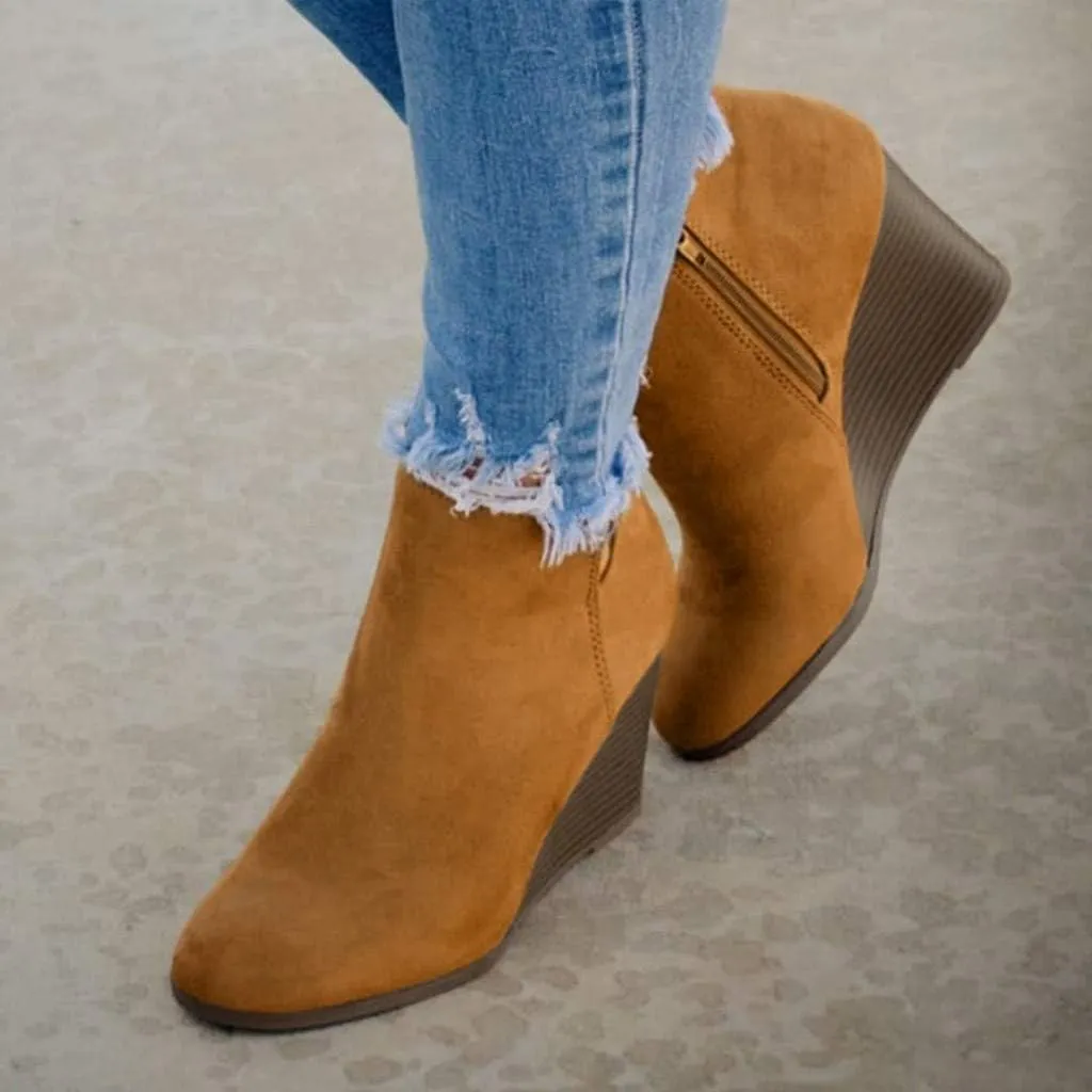 Ankle Boots for Women Leather Platform Wedges Booties Back Zip Vintage Snow Boots Casual Business Cowgirl Booties
