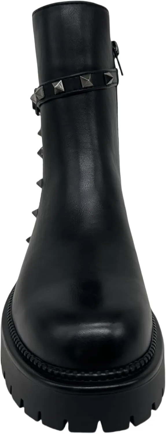 Ankle Boots with Studded Strap, Chunky Sole, Side Zip.