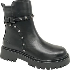 Ankle Boots with Studded Strap, Chunky Sole, Side Zip.