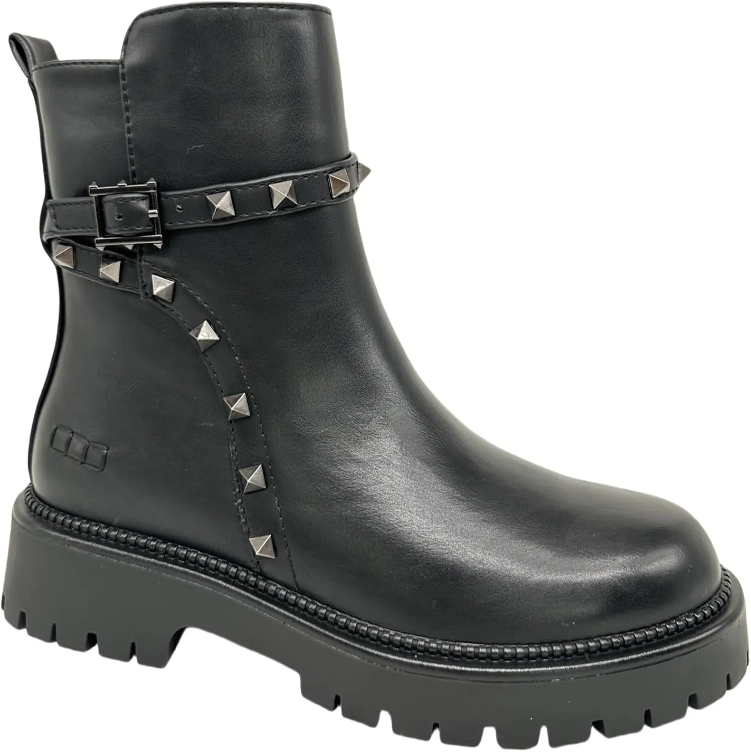 Ankle Boots with Studded Strap, Chunky Sole, Side Zip.