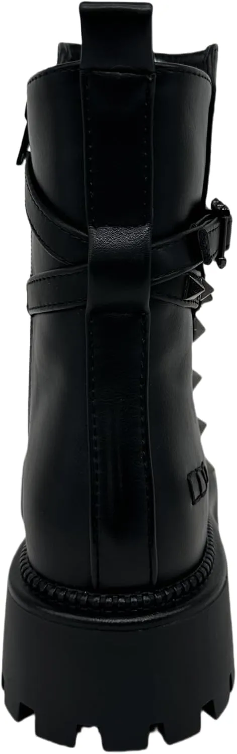 Ankle Boots with Studded Strap, Chunky Sole, Side Zip.