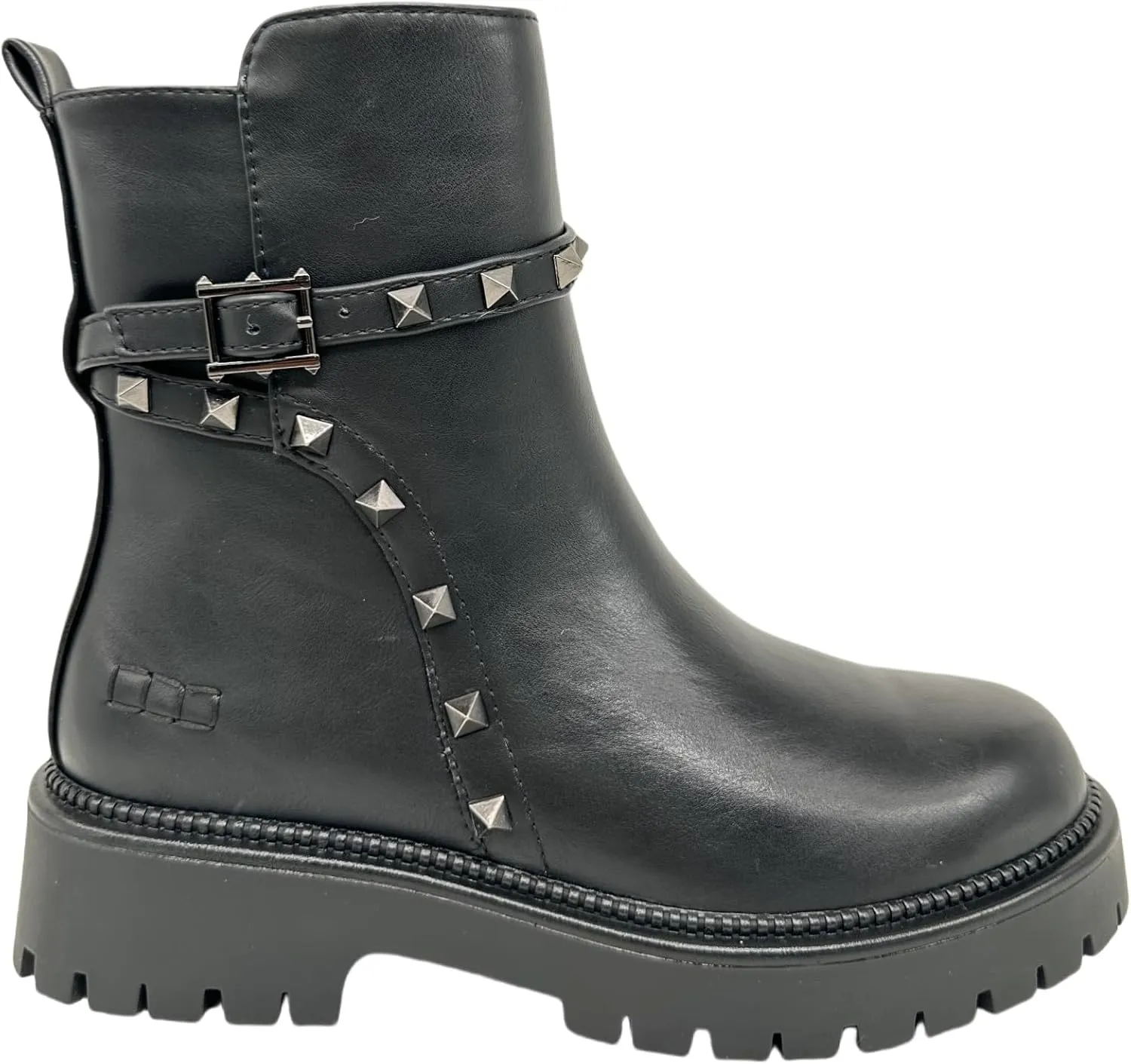 Ankle Boots with Studded Strap, Chunky Sole, Side Zip.