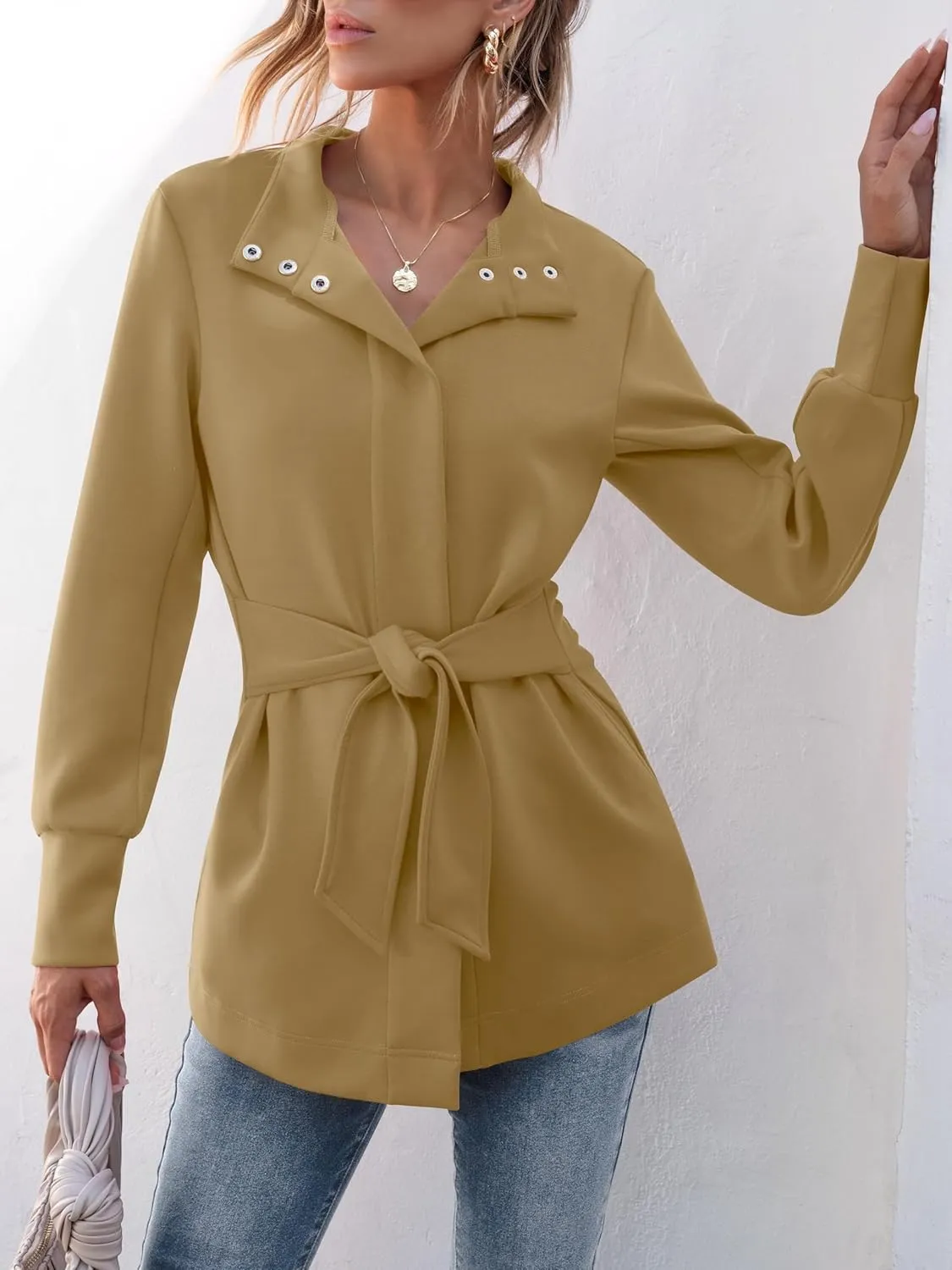 ANRABESS Womens Jacket Belted Casual Long Sleeve Wrap Trench Coat 2025 Spring Trendy Button Up Dressy Outerwear with Pockets