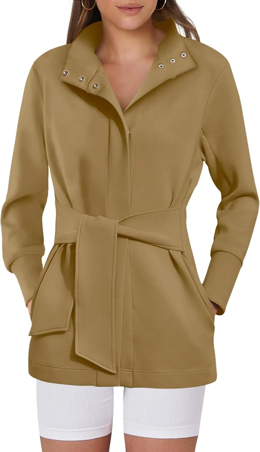 ANRABESS Womens Jacket Belted Casual Long Sleeve Wrap Trench Coat 2025 Spring Trendy Button Up Dressy Outerwear with Pockets