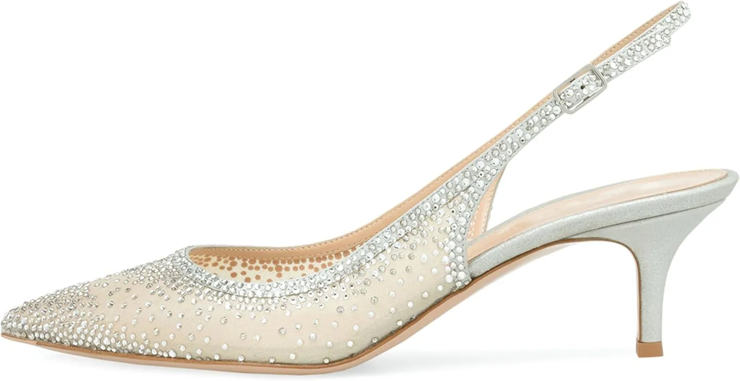anteikira Women's Pointed Toe Rhinestone Studded Mesh Kitten Heel Slingbacks Slip On Party Wedding Heels High Stiletto Heel Pumps Shoes