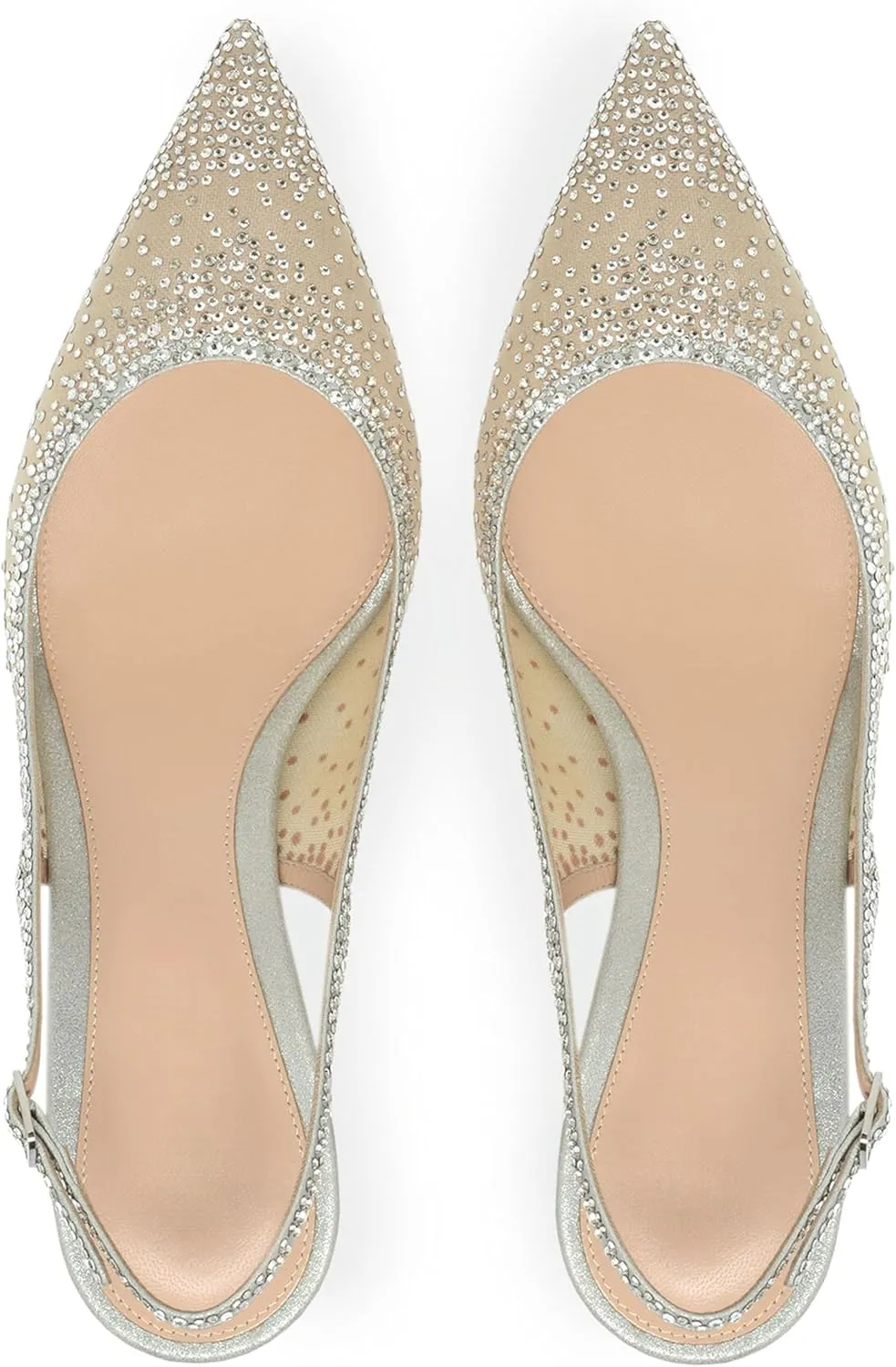 anteikira Women's Pointed Toe Rhinestone Studded Mesh Kitten Heel Slingbacks Slip On Party Wedding Heels High Stiletto Heel Pumps Shoes