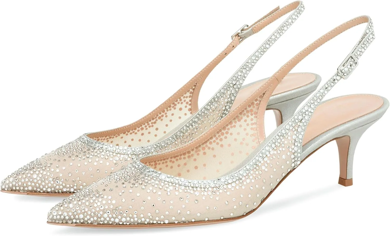 anteikira Women's Pointed Toe Rhinestone Studded Mesh Kitten Heel Slingbacks Slip On Party Wedding Heels High Stiletto Heel Pumps Shoes