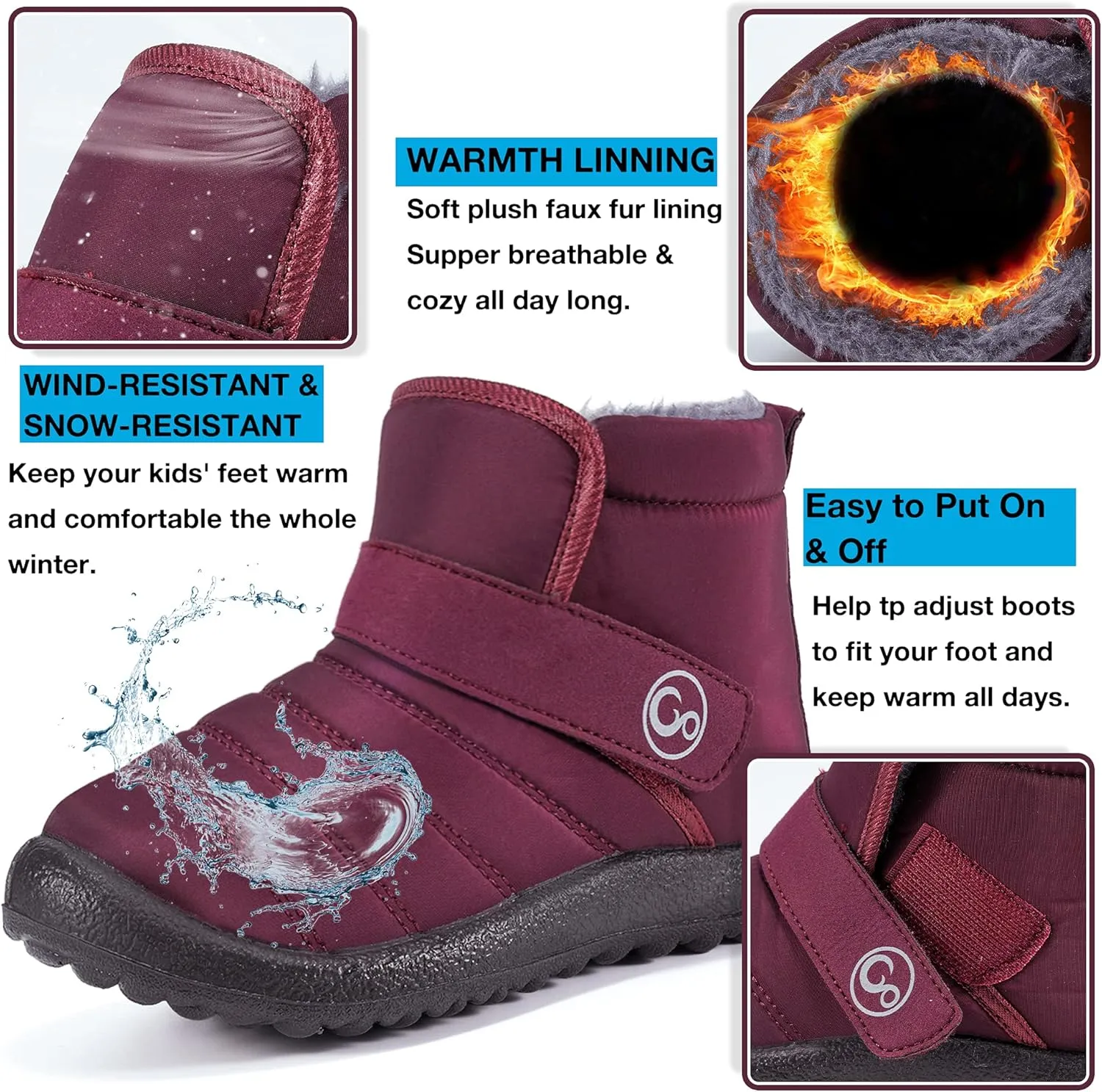 Aomigoct Boys Girls Winter Snow Boots: Waterproof Toddler Little Kid Boot with Fur Lined Easy Handles Unisex Child Warm Booties Comfortable Non Slip Walking