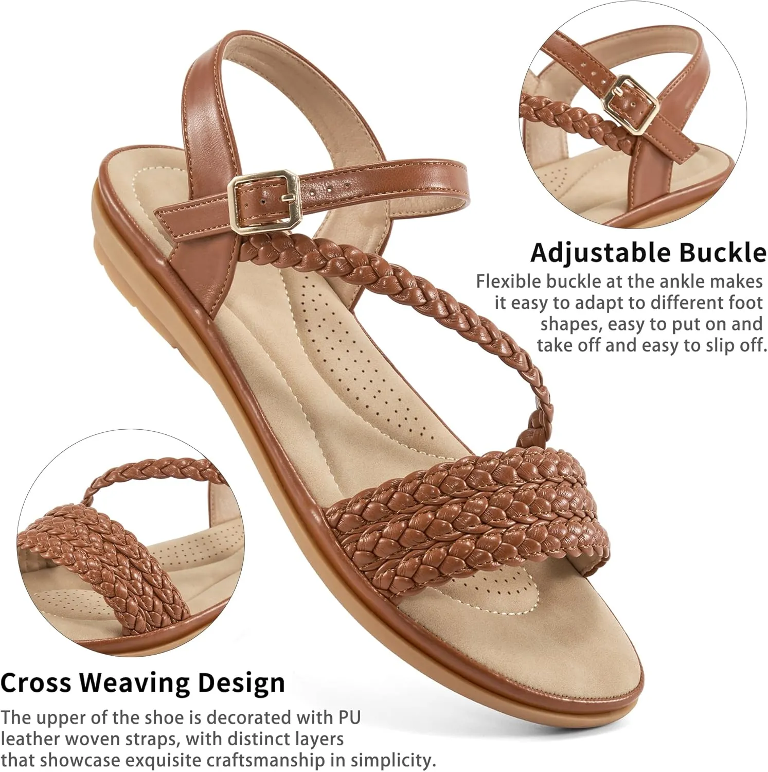 Aomigoct Dressy Womens Sandals Summer: Comfortable Strappy Flats Sandals Women - Beach Walking Woman Shoes
