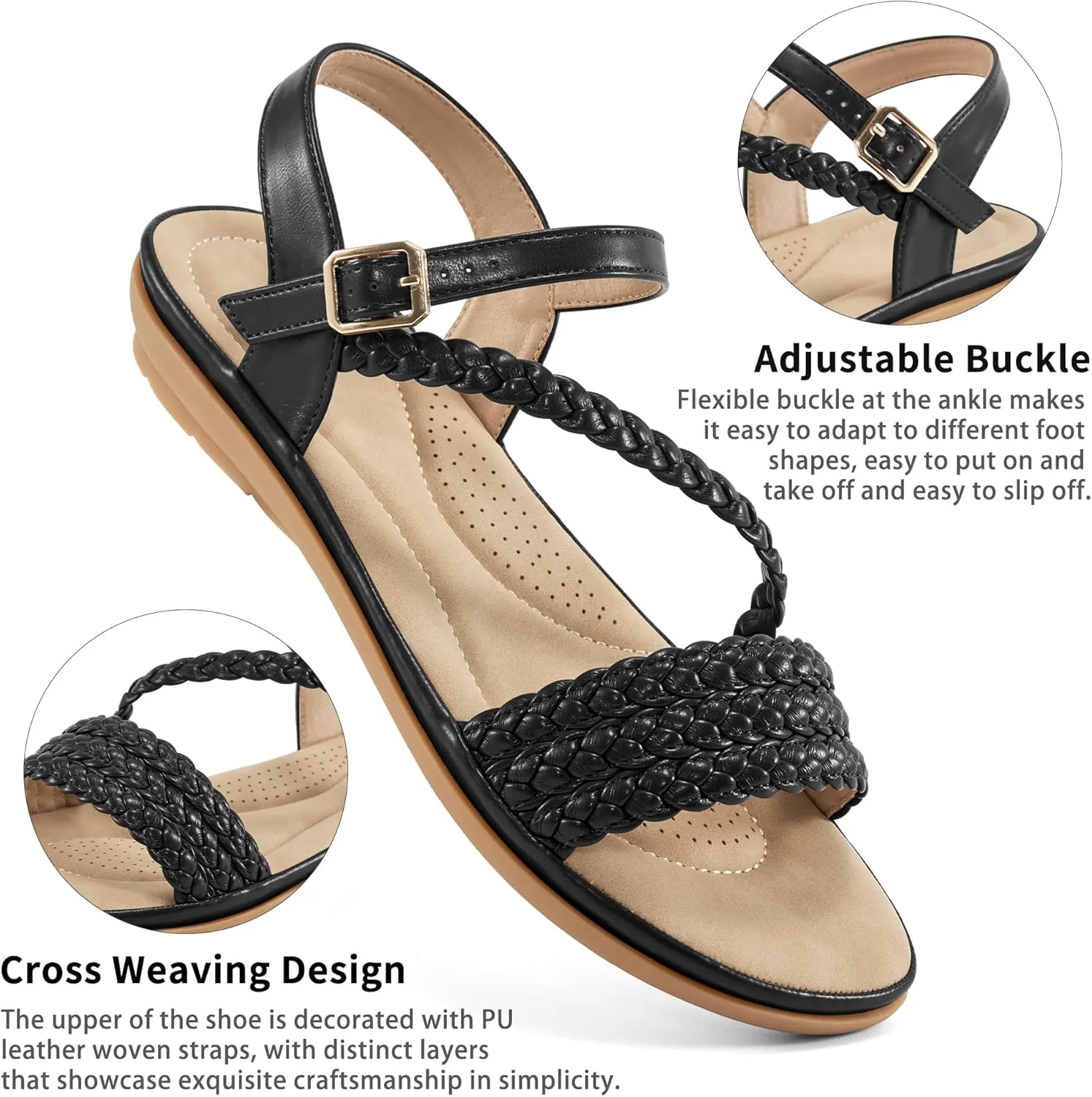 Aomigoct Dressy Womens Sandals Summer: Comfortable Strappy Flats Sandals Women - Beach Walking Woman Shoes