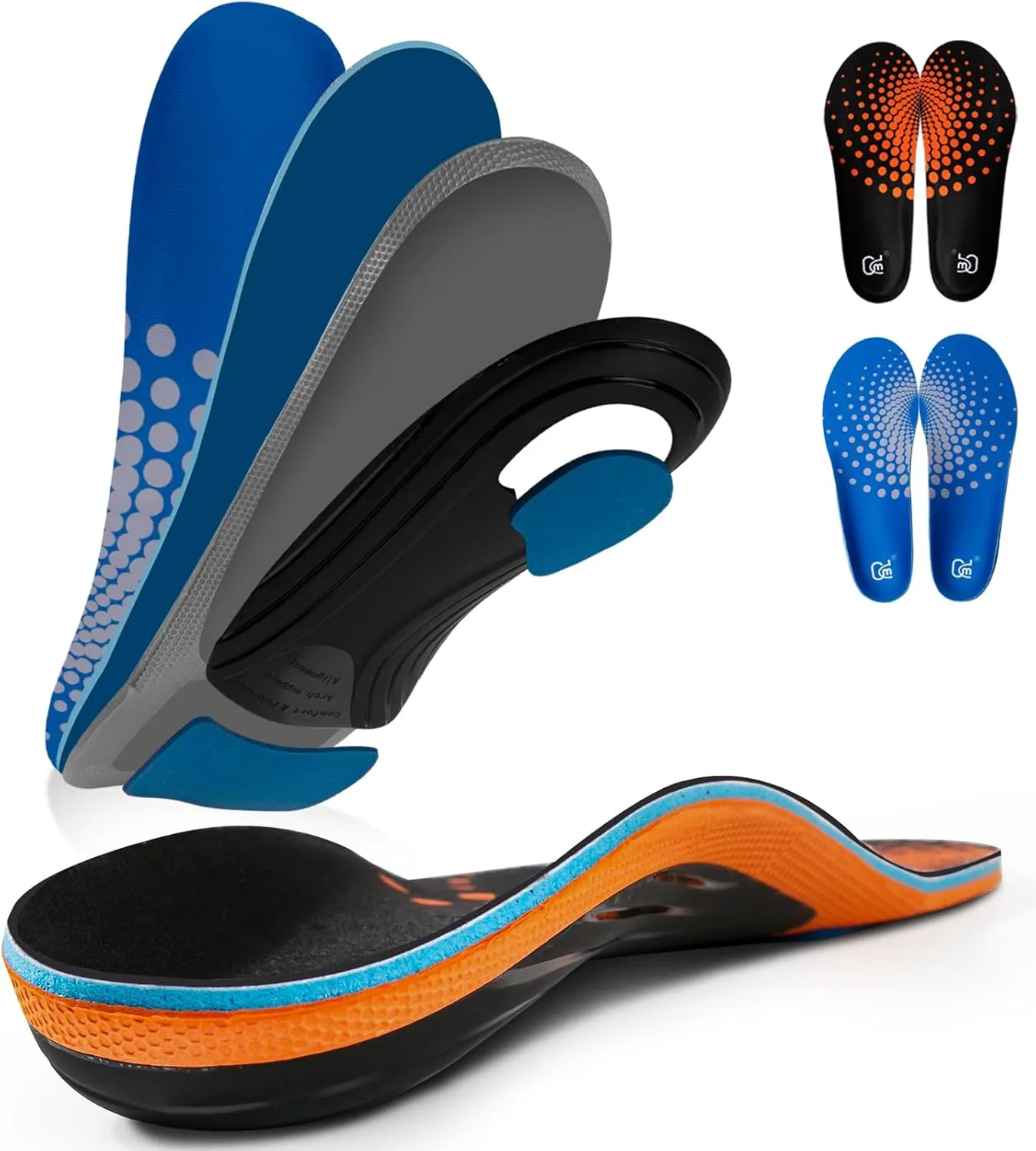 AOTENG STAR Plantar Fasciitis Insoles, High Arch Support Insoles for Plantar Fasciitis Relief Orthotic Shoe Insoles, 240 lbs Heavy Duty Shoe Inserts(Men 11(290mm), Orange & Blue)
