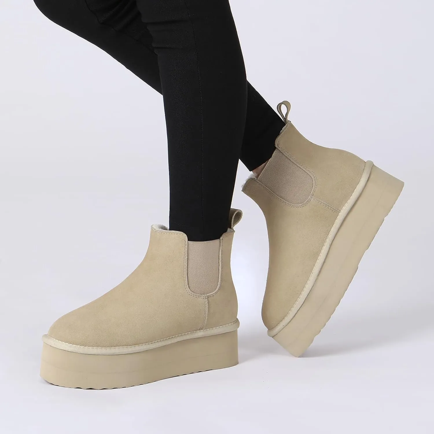 Athlefit Women's Classic Platform Chelsea Boots Winter Warm Fur Lined Anti-Slip Short Ankle Snow Boots