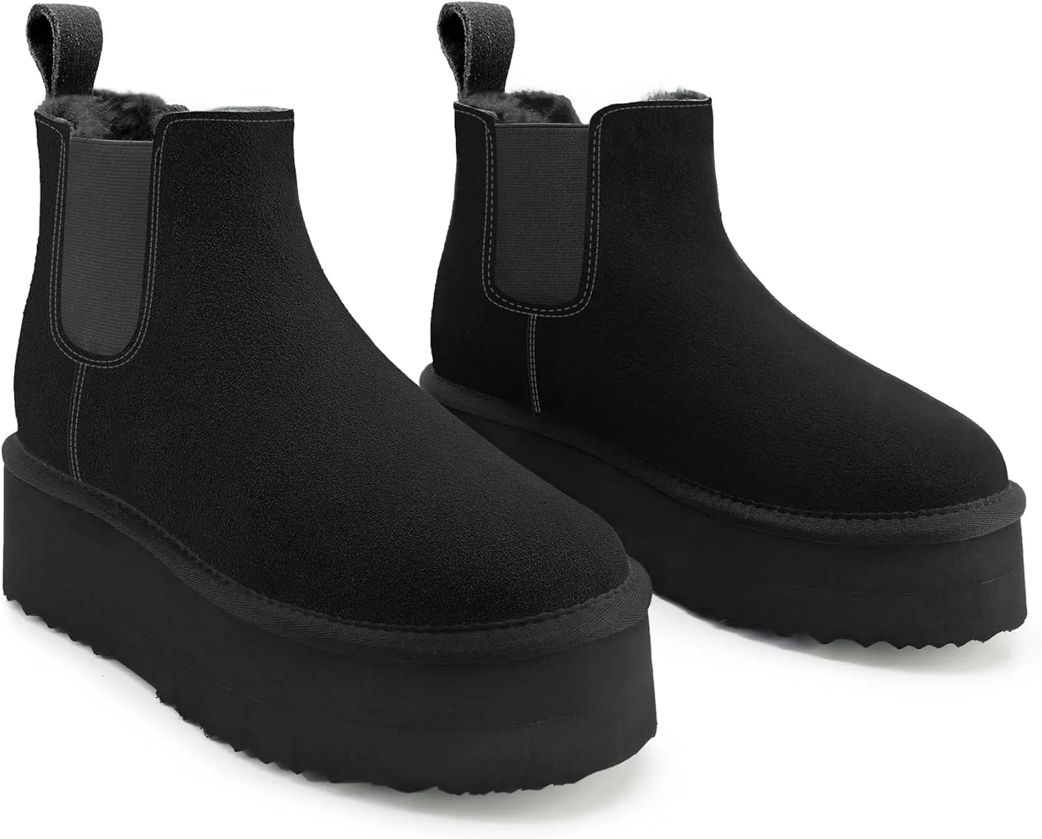 Athlefit Women's Classic Platform Chelsea Boots Winter Warm Fur Lined Anti-Slip Short Ankle Snow Boots