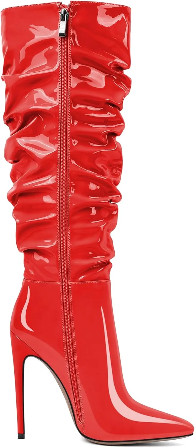 AUMOTED Knee High Boots for Women Stiletto Heel Womens Boots Side Zipper Slouchy High Boots for Women 4.7 Inch Heeled Boots