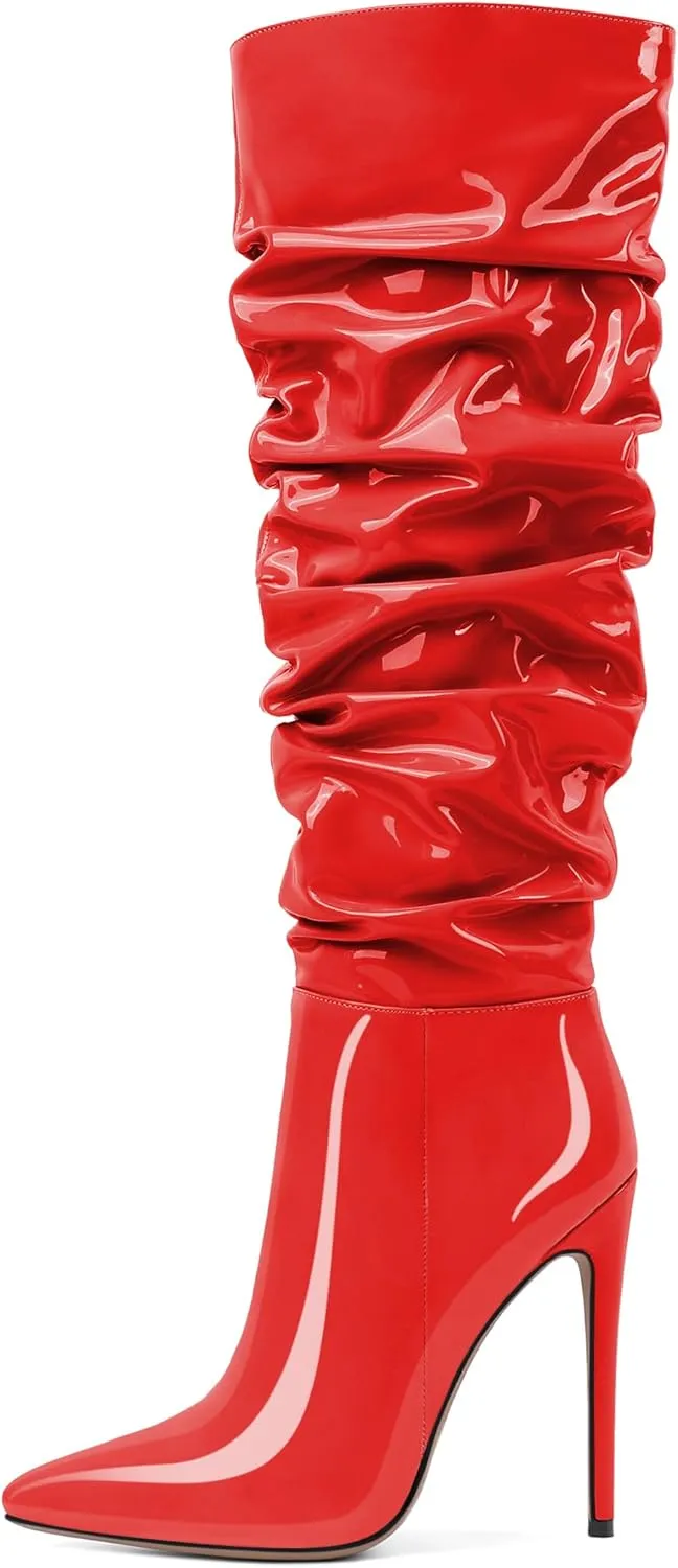 AUMOTED Knee High Boots for Women Stiletto Heel Womens Boots Side Zipper Slouchy High Boots for Women 4.7 Inch Heeled Boots