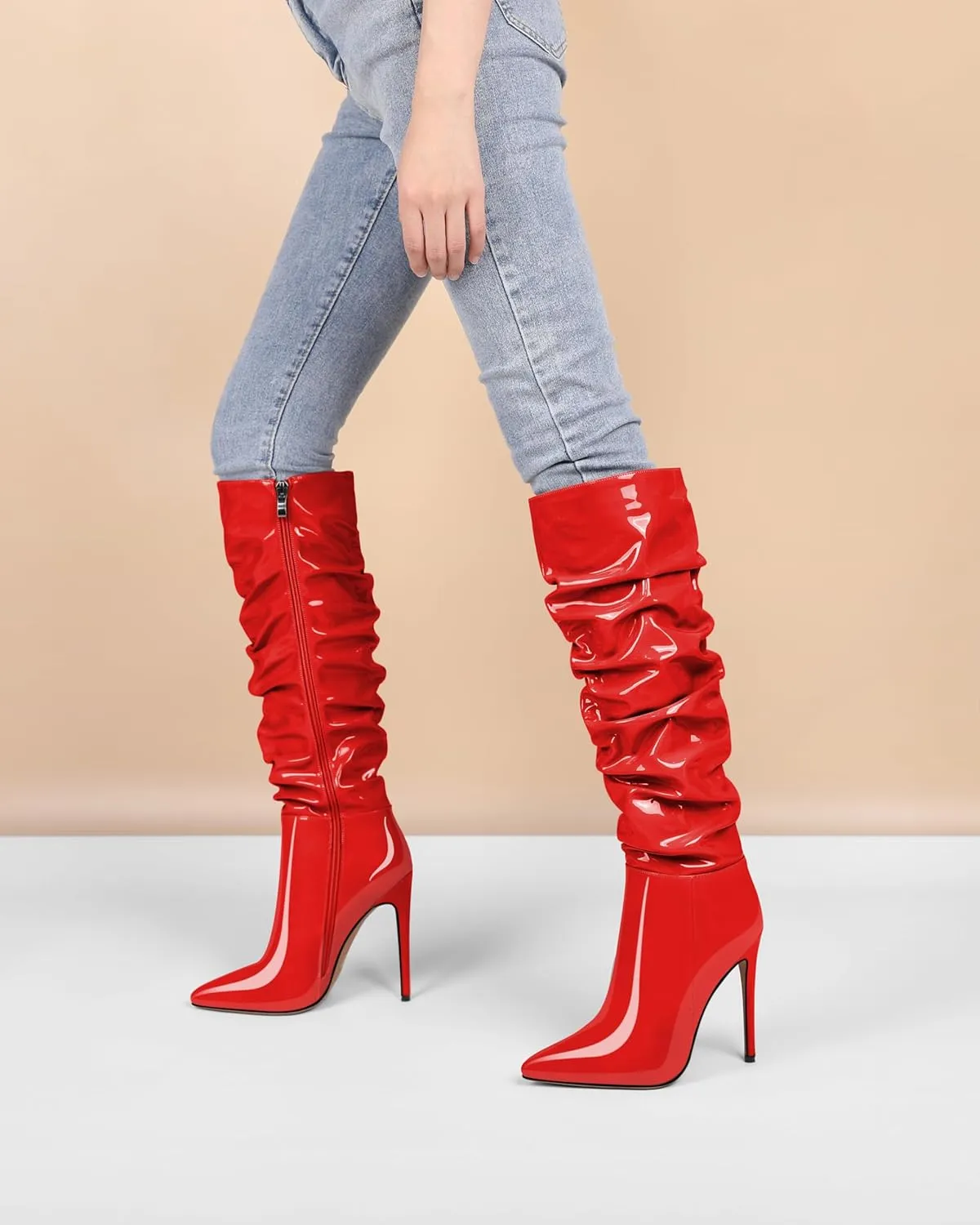AUMOTED Knee High Boots for Women Stiletto Heel Womens Boots Side Zipper Slouchy High Boots for Women 4.7 Inch Heeled Boots