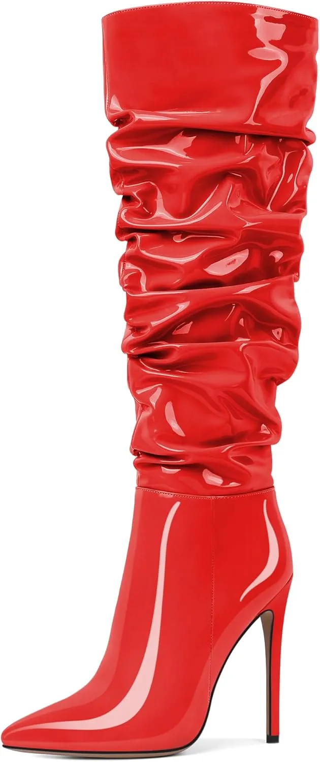 AUMOTED Knee High Boots for Women Stiletto Heel Womens Boots Side Zipper Slouchy High Boots for Women 4.7 Inch Heeled Boots