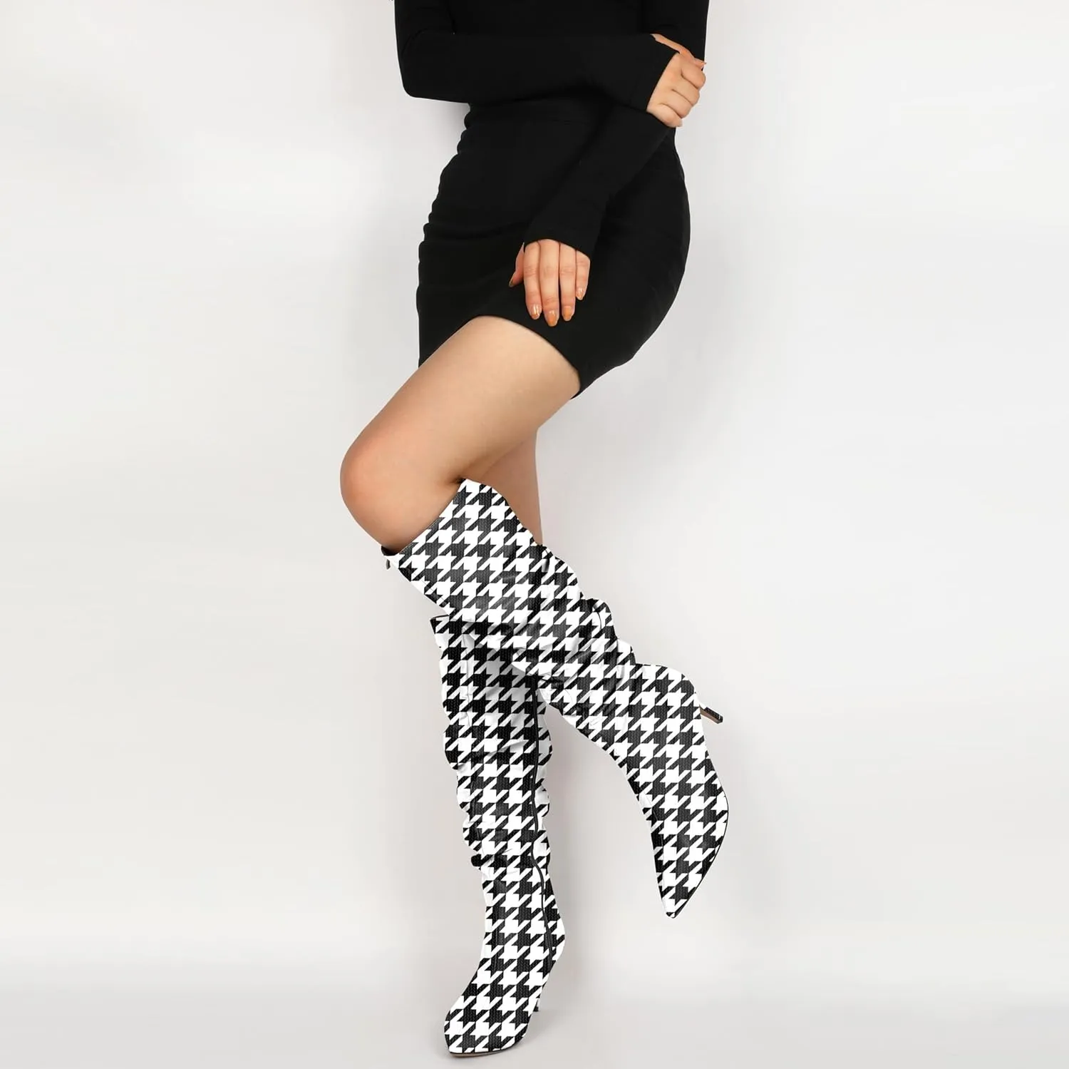AUMOTED Womens Slouchy Knee High Boots Mid Calf Boots Kitten Heel Pointed Toe Pull On Long Boots Winter Shoes 2.5 Inch Heeled Boots