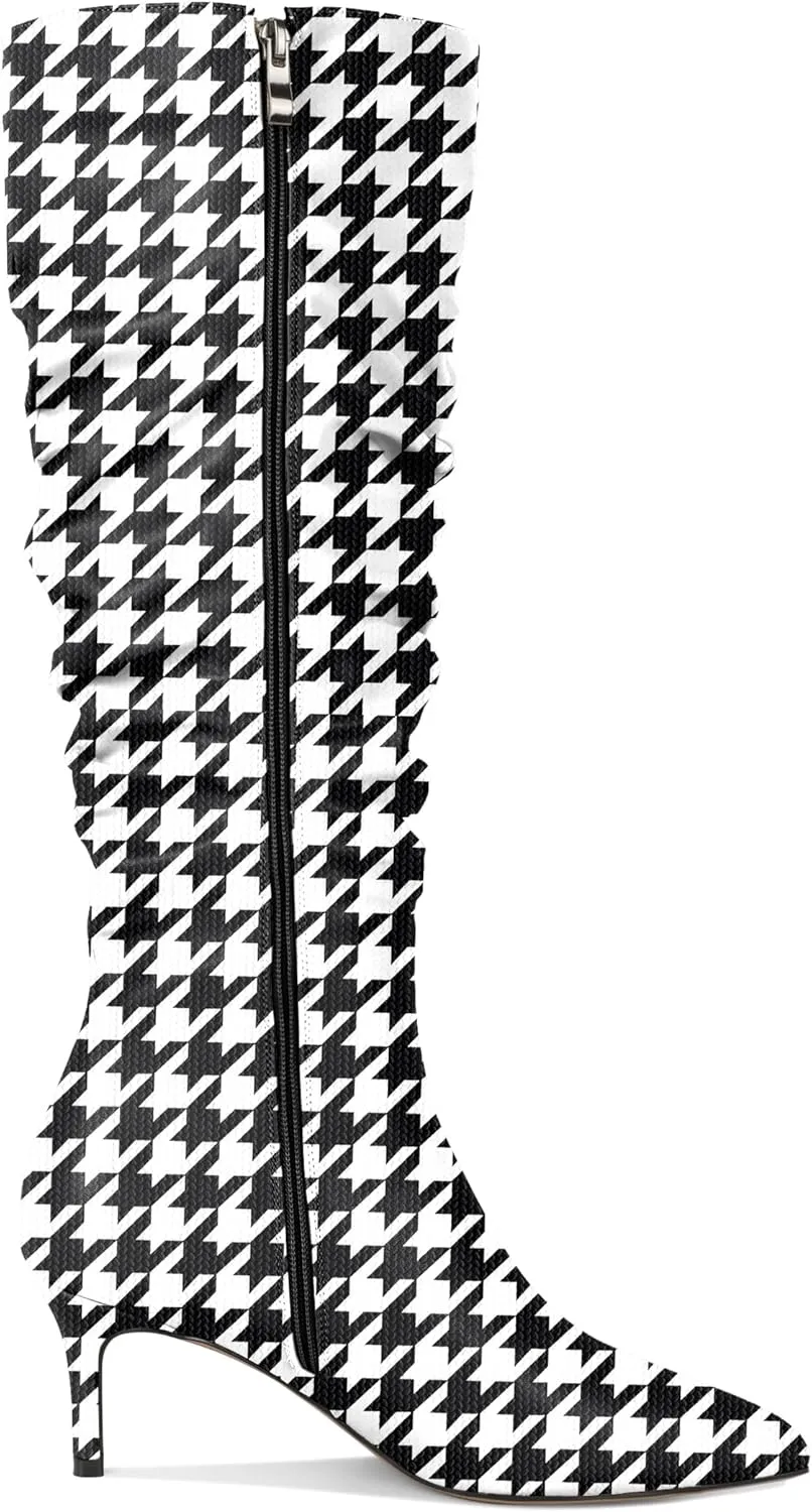 AUMOTED Womens Slouchy Knee High Boots Mid Calf Boots Kitten Heel Pointed Toe Pull On Long Boots Winter Shoes 2.5 Inch Heeled Boots