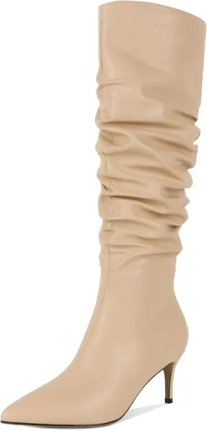 AUMOTED Womens Slouchy Knee High Boots Mid Calf Boots Kitten Heel Pointed Toe Pull On Long Boots Winter Shoes 2.5 Inch Heeled Boots