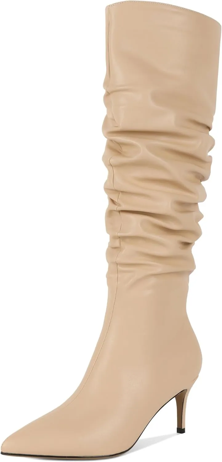 AUMOTED Womens Slouchy Knee High Boots Mid Calf Boots Kitten Heel Pointed Toe Pull On Long Boots Winter Shoes 2.5 Inch Heeled Boots