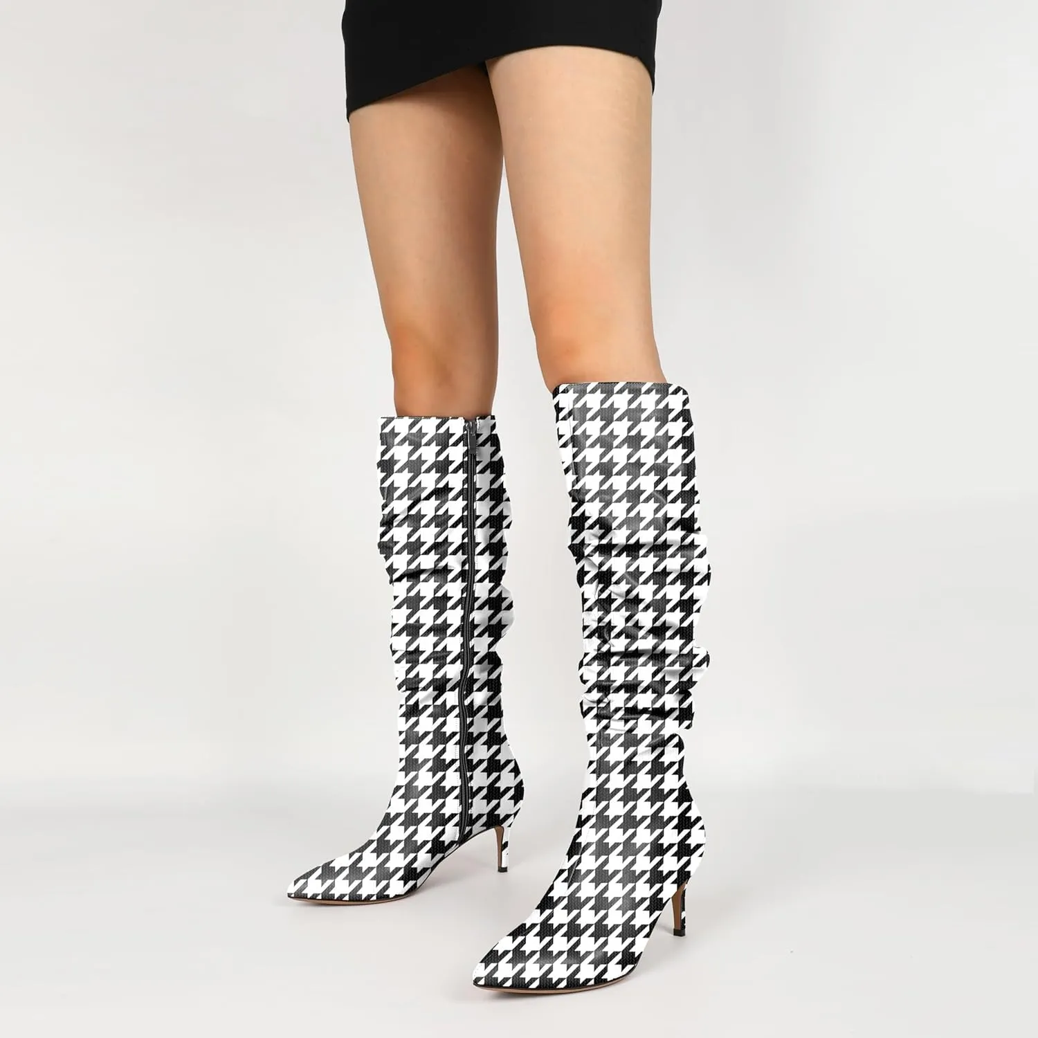 AUMOTED Womens Slouchy Knee High Boots Mid Calf Boots Kitten Heel Pointed Toe Pull On Long Boots Winter Shoes 2.5 Inch Heeled Boots