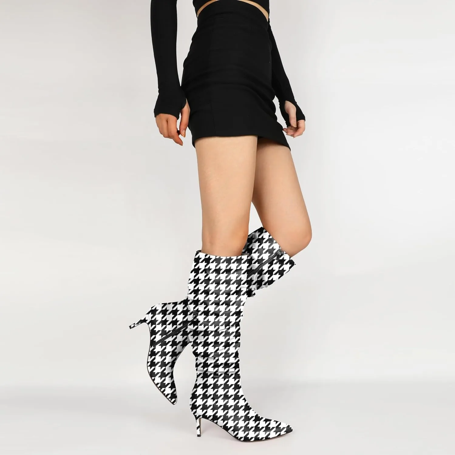 AUMOTED Womens Slouchy Knee High Boots Mid Calf Boots Kitten Heel Pointed Toe Pull On Long Boots Winter Shoes 2.5 Inch Heeled Boots