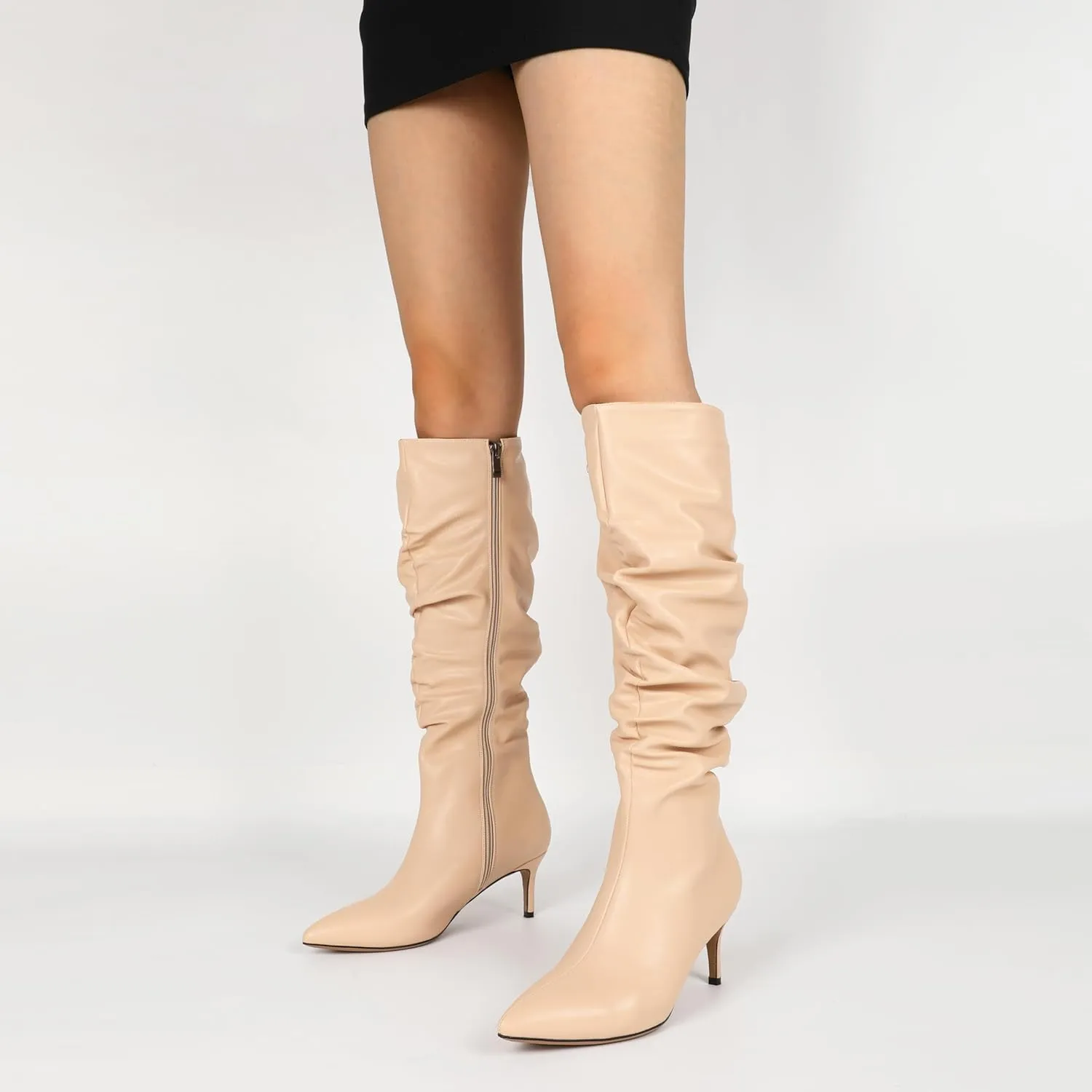 AUMOTED Womens Slouchy Knee High Boots Mid Calf Boots Kitten Heel Pointed Toe Pull On Long Boots Winter Shoes 2.5 Inch Heeled Boots