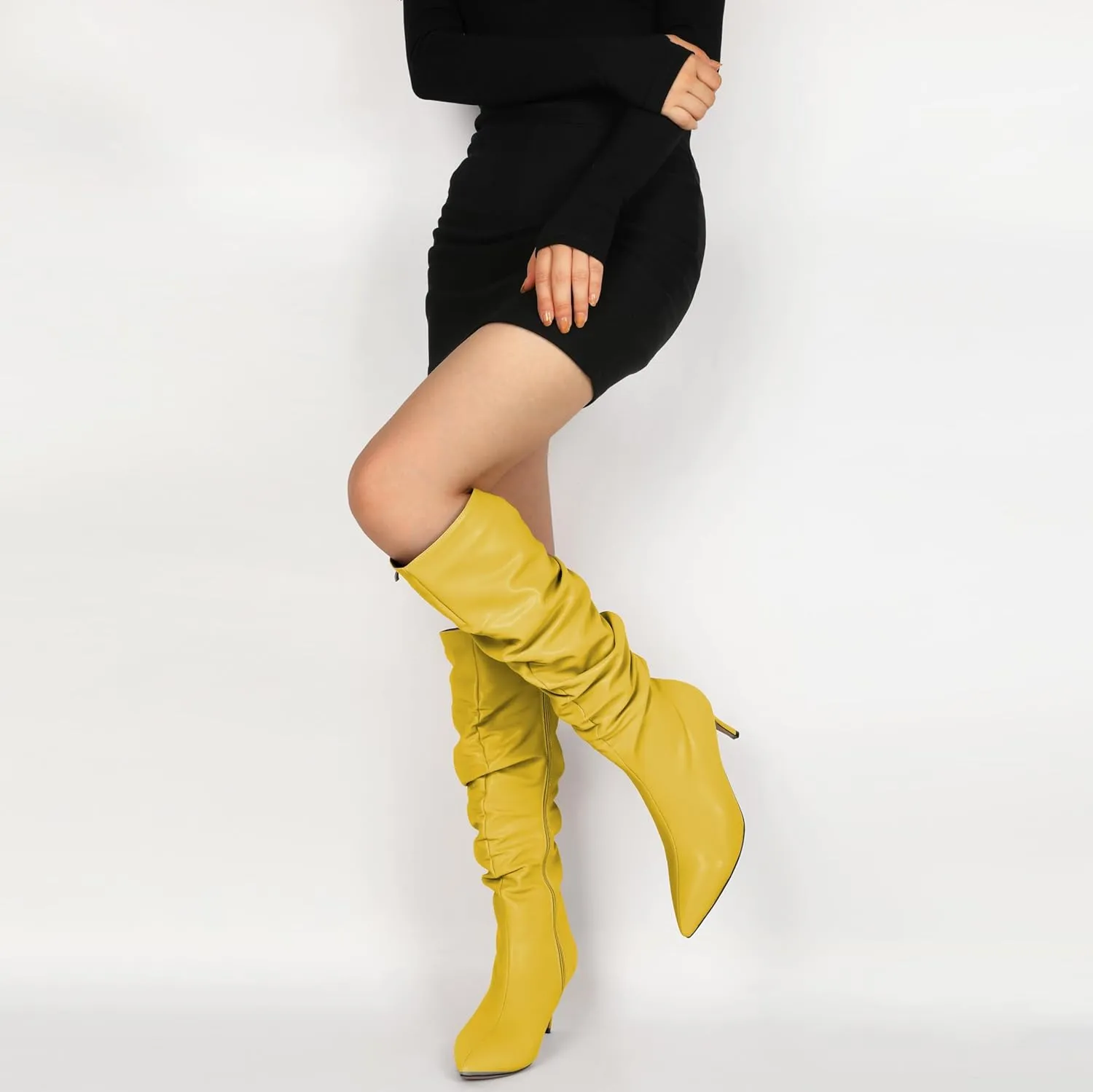AUMOTED Womens Slouchy Knee High Boots Mid Calf Boots Kitten Heel Pointed Toe Pull On Long Boots Winter Shoes 2.5 Inch Heeled Boots
