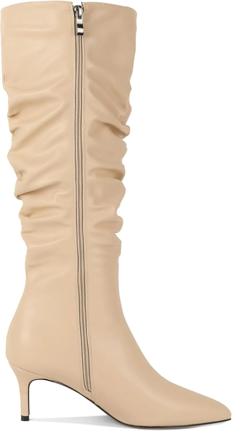AUMOTED Womens Slouchy Knee High Boots Mid Calf Boots Kitten Heel Pointed Toe Pull On Long Boots Winter Shoes 2.5 Inch Heeled Boots