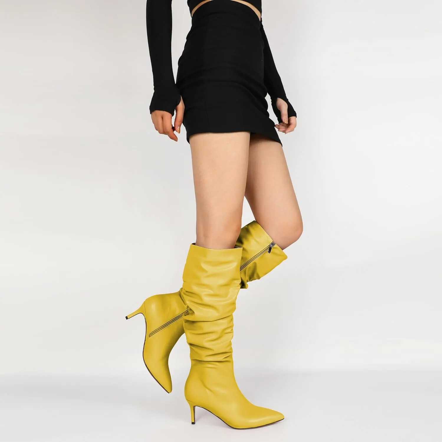 AUMOTED Womens Slouchy Knee High Boots Mid Calf Boots Kitten Heel Pointed Toe Pull On Long Boots Winter Shoes 2.5 Inch Heeled Boots