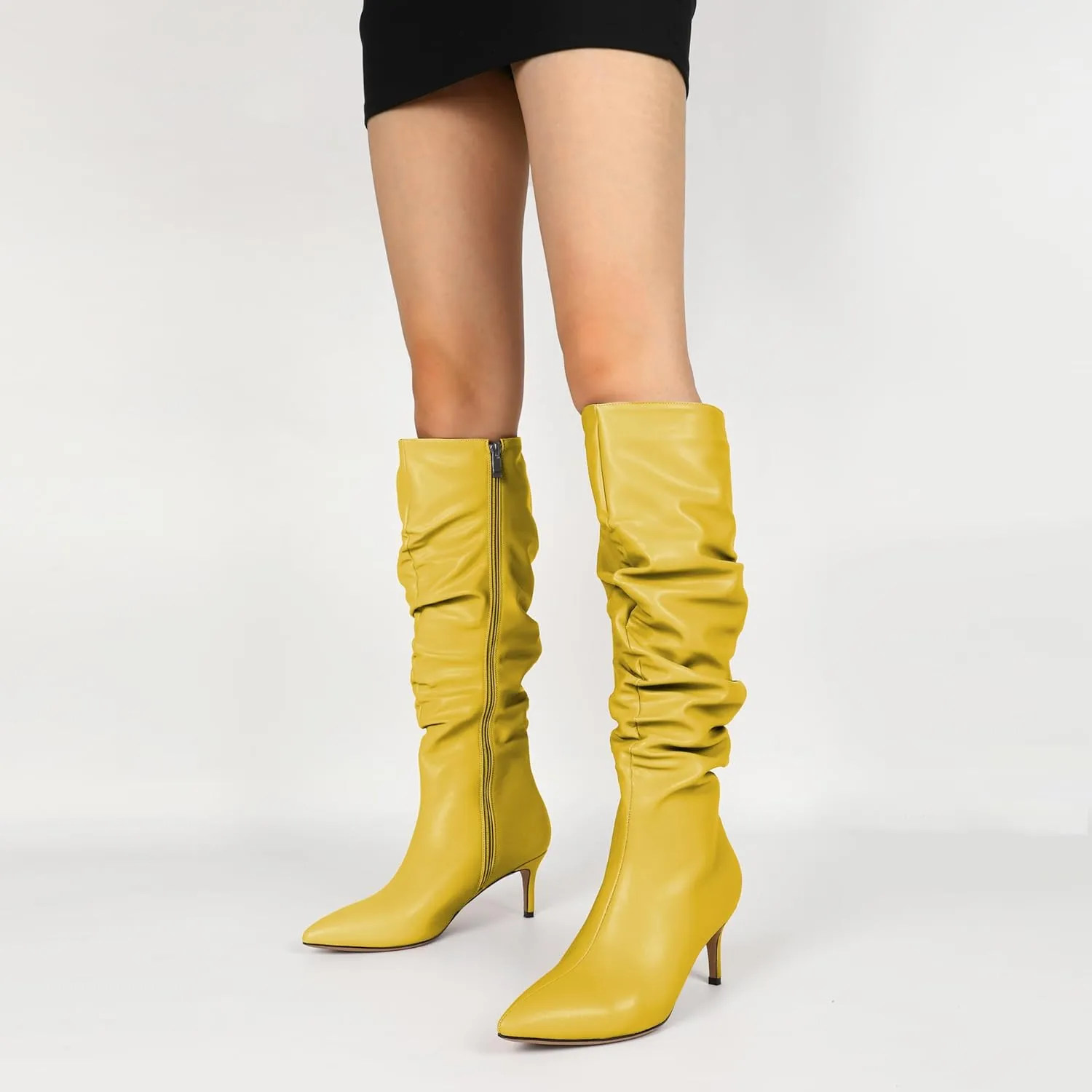 AUMOTED Womens Slouchy Knee High Boots Mid Calf Boots Kitten Heel Pointed Toe Pull On Long Boots Winter Shoes 2.5 Inch Heeled Boots