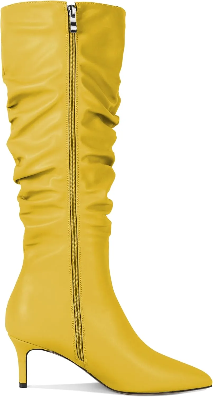 AUMOTED Womens Slouchy Knee High Boots Mid Calf Boots Kitten Heel Pointed Toe Pull On Long Boots Winter Shoes 2.5 Inch Heeled Boots