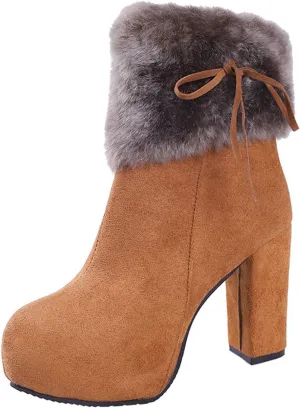 AUNTHUI Women's Winter Suede Fleece Pointed Toe Chunky Heel High Heels, Side Zipper Warm Comfortable Non-slip Fashion Snow Boots