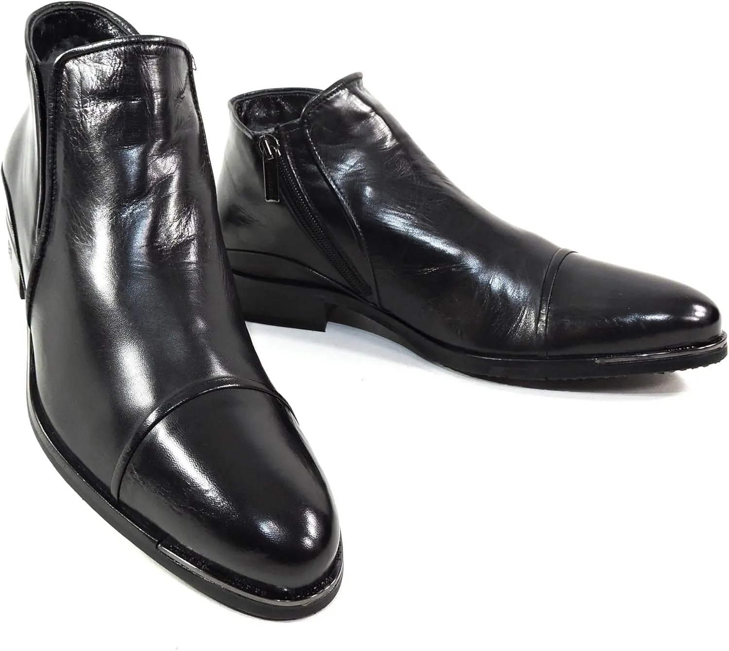 Baldinini Men's Black Leather Ankle Boots, Fur Lined Winter Booties, Side Zip Closure